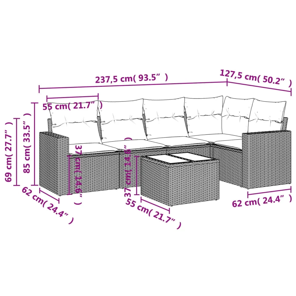 Set Divano da Giardino 6pz con Cuscini Grigio Chiaro Polyrattan