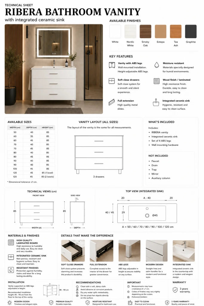 Mobile bagno con lavabo ORIGENBATH RIBERA senza specchio 90x45 cm bianco
