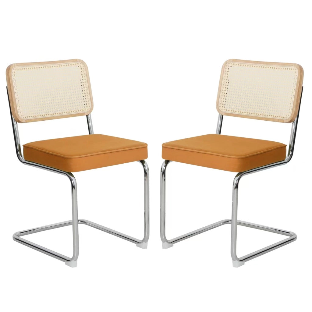 Sedia da pranzo set da 2 - Sedia in velluto e rattan con gambe cromate – Design Mid-Century Modern ispirato a Breuer – Sedia imbottita ideale per soggiorno, cucina e altri ambienti