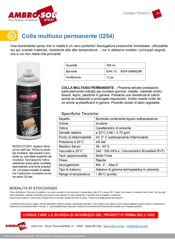 Colla spray multiuso 400 ml ad alta resistenza per metallo legno plastica tessuti e gomma Ambro-Sol