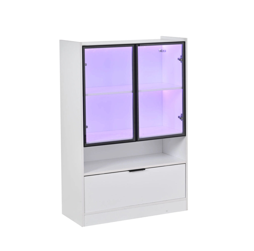 Vetrina 120x80x35 cm con illuminazione LED e ante in vetro; pannello truciolare bianco