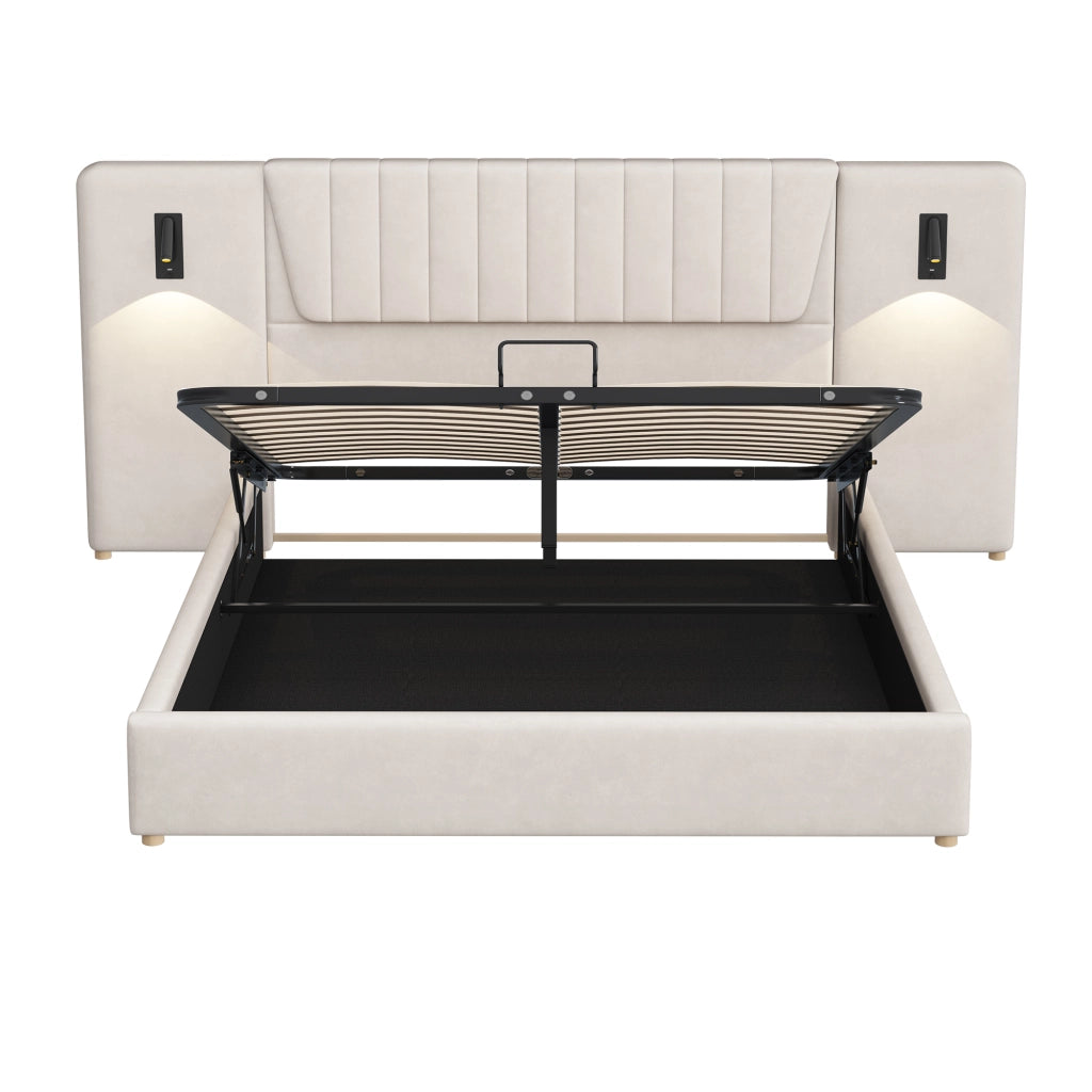 Letto imbottito 180x200cm - Zephmum - Schienale lungo, lampada regolabile, USB, idraulico, velluto, beige