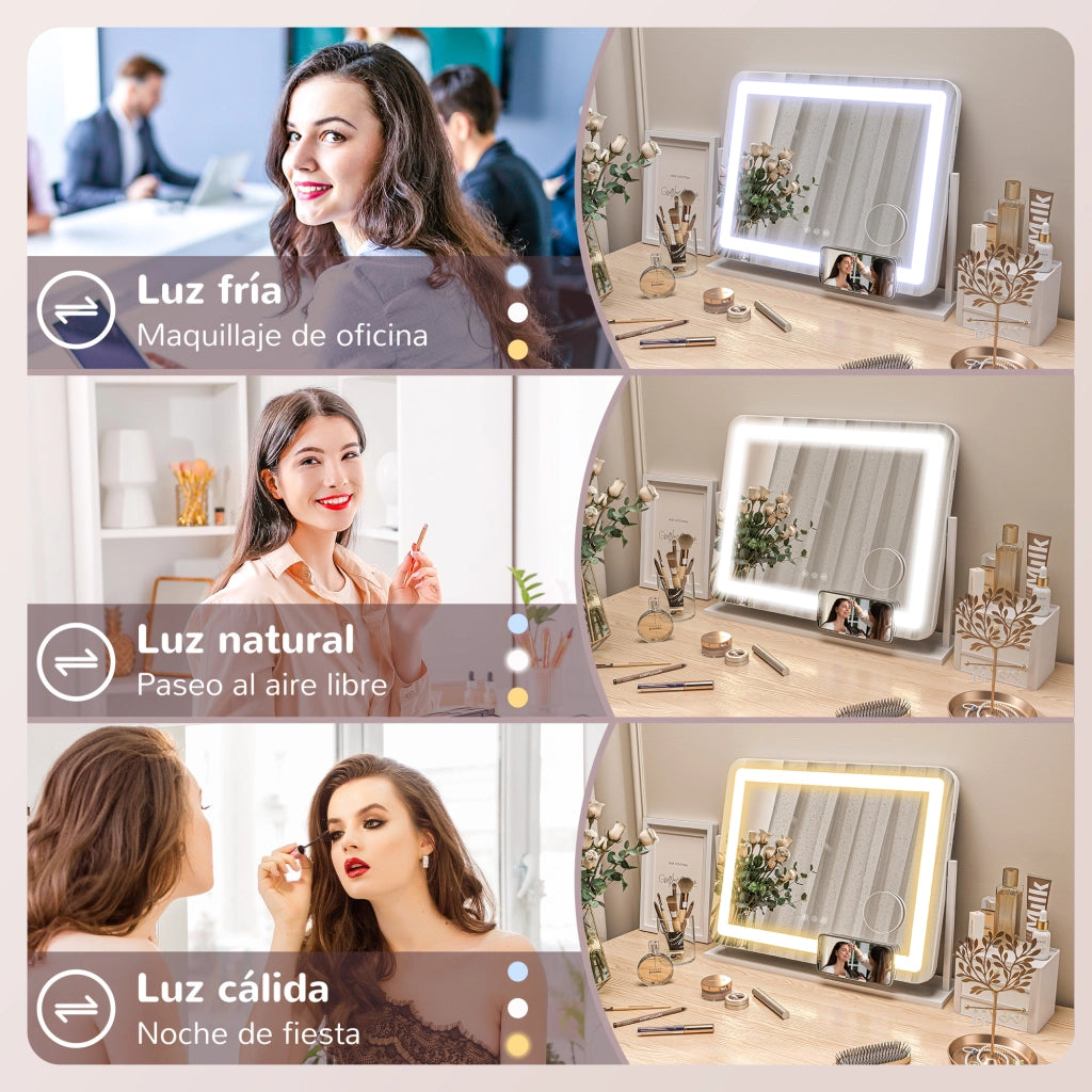 Specchio da Toeletta Bianco 58x46 cm con Luce LED e 3 Modalit¨¤ ¨C Zephmum ¨C Regolabile e Touch