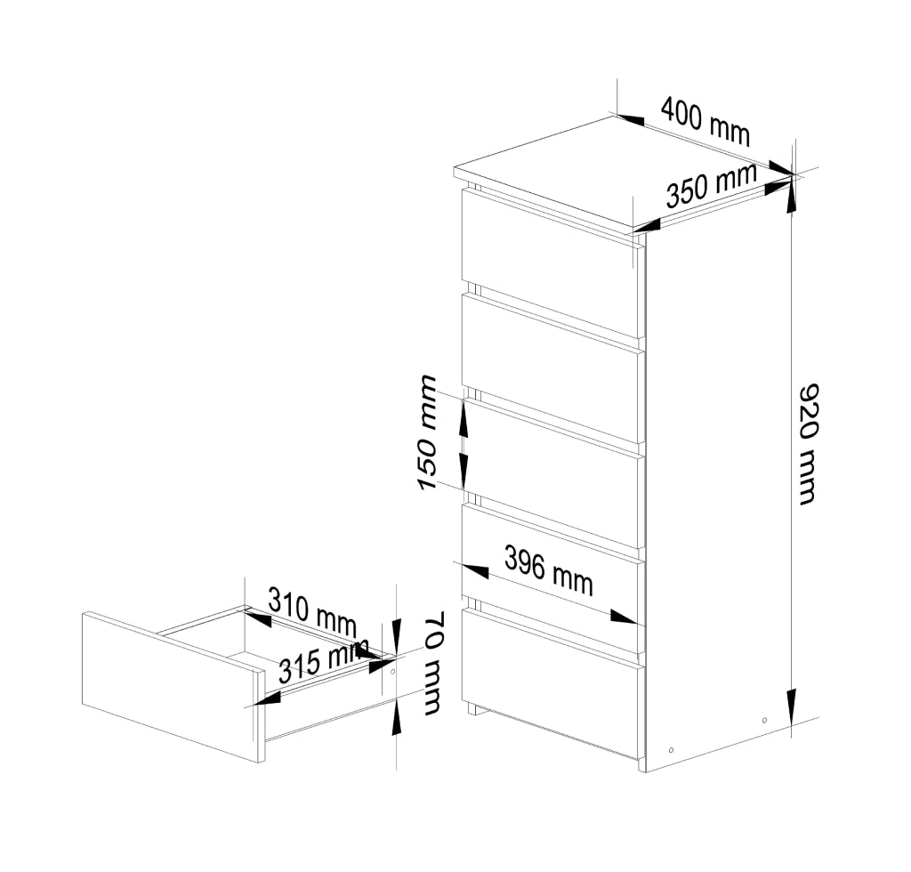 Cassettiera AKORD CL5 Cassettiera Bianca 40 cm 5 cassetti inserto frontale Grigio Grafite 40x35x92 cm
