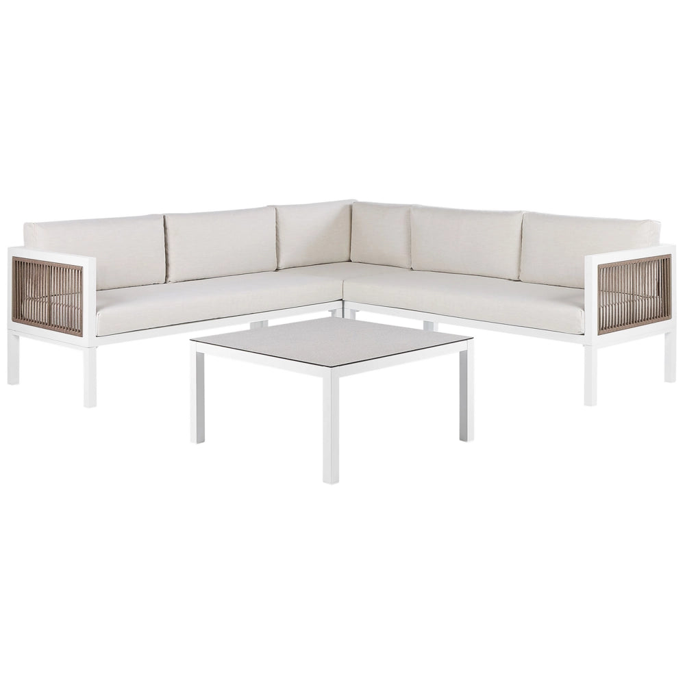 Set Salotto 4 Posti con Tavolino bianco e Marrone Alluminio 4 Posti con Cuscini moderni