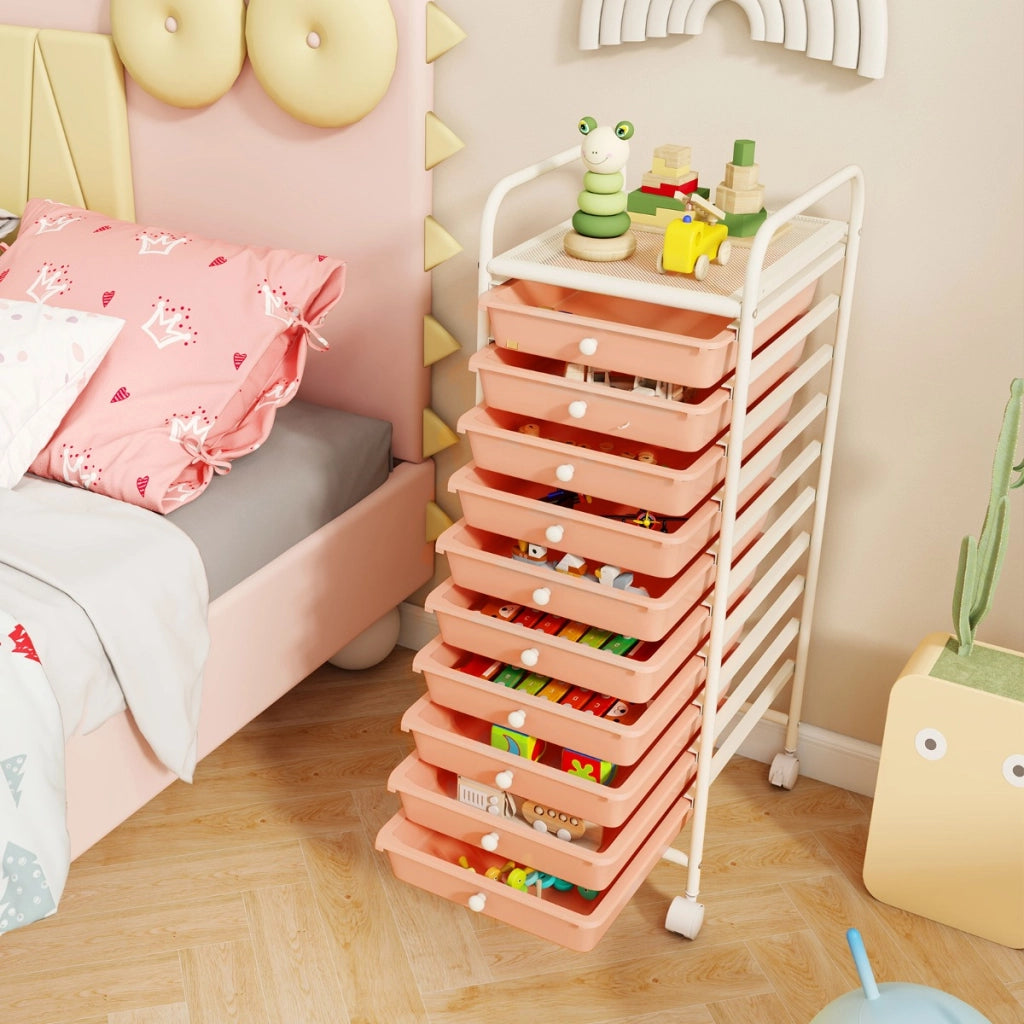 Carrello cassettiera multiuso con 10 cassetti da cucina, Contenitore con ruote a 10 ripiani per bagno Oro rosa
