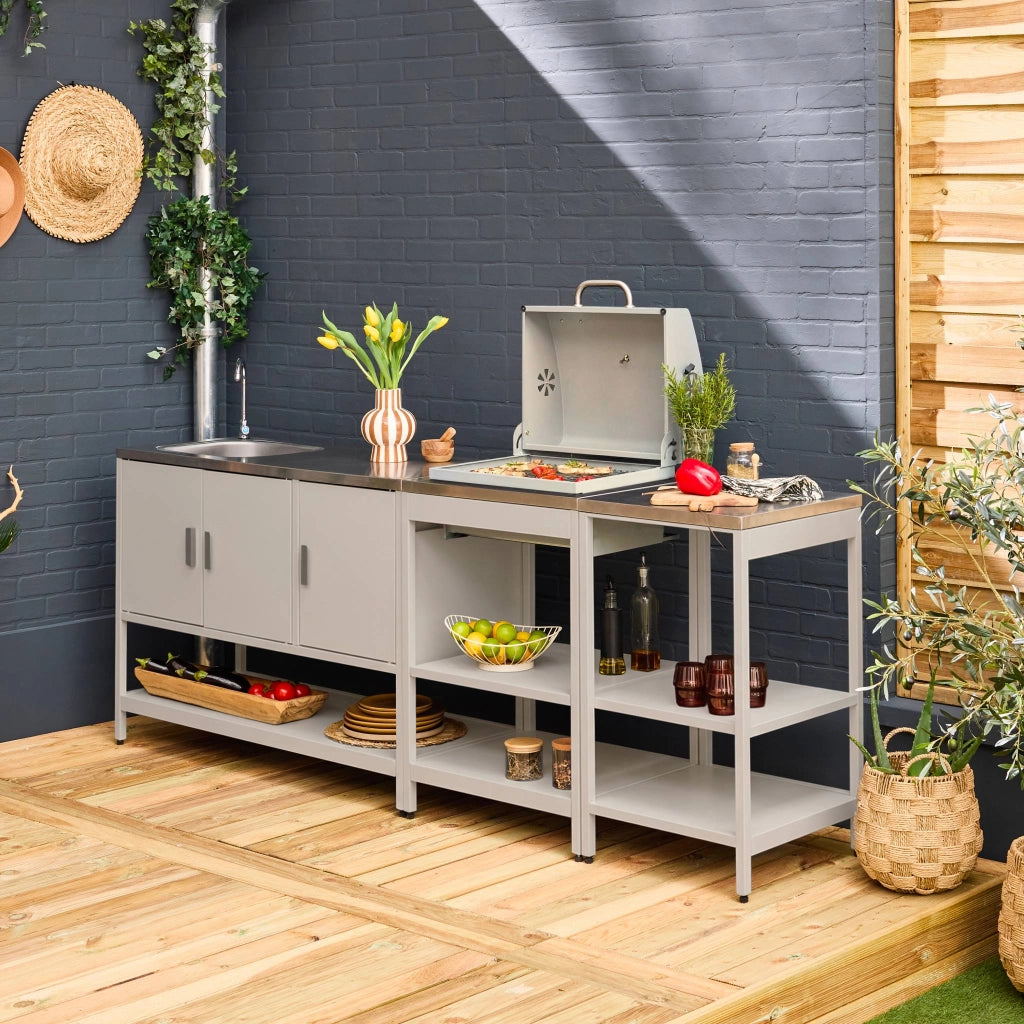 Cucina da esterno, 3 moduli e barbecue a carbone, beige