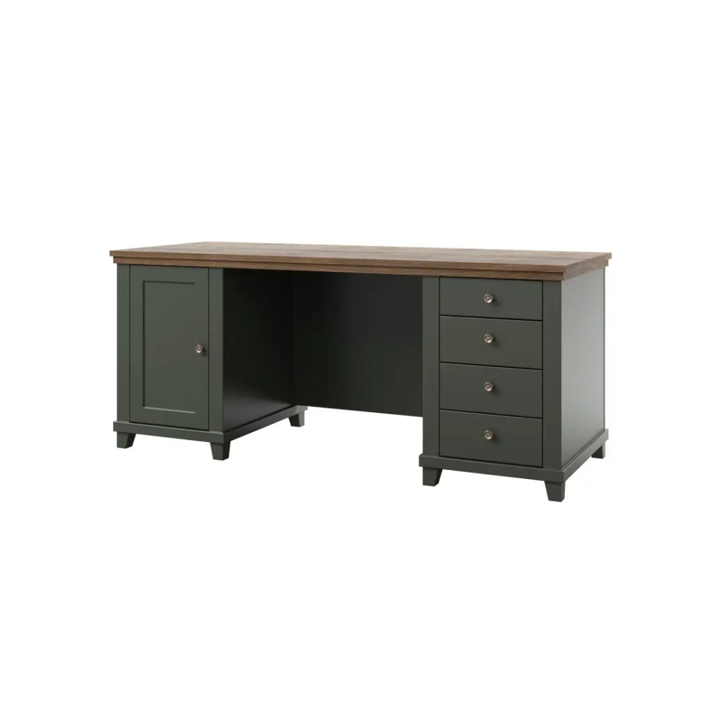 Set ufficio ASSIA verde scuro e legno – Scrivania 180 cm + libreria + vetrina 2 porte in vetro