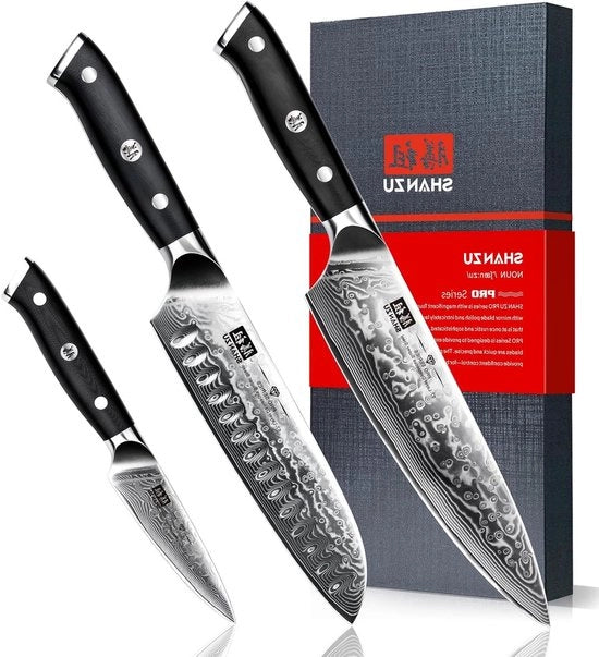 Set di coltelli da cucina 3 pezzi in acciaio Damascus giapponese - Coltelli da cucina professionale di alta qualità con lama ultra affilata e manico in G10 - Inclusa scatola regalo