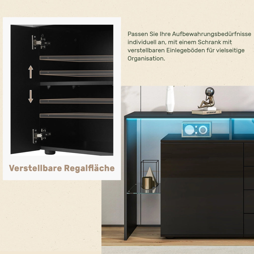 Sideboard moderno 160 cm con LED; USB; 4 cassetti e ante lucide; nero