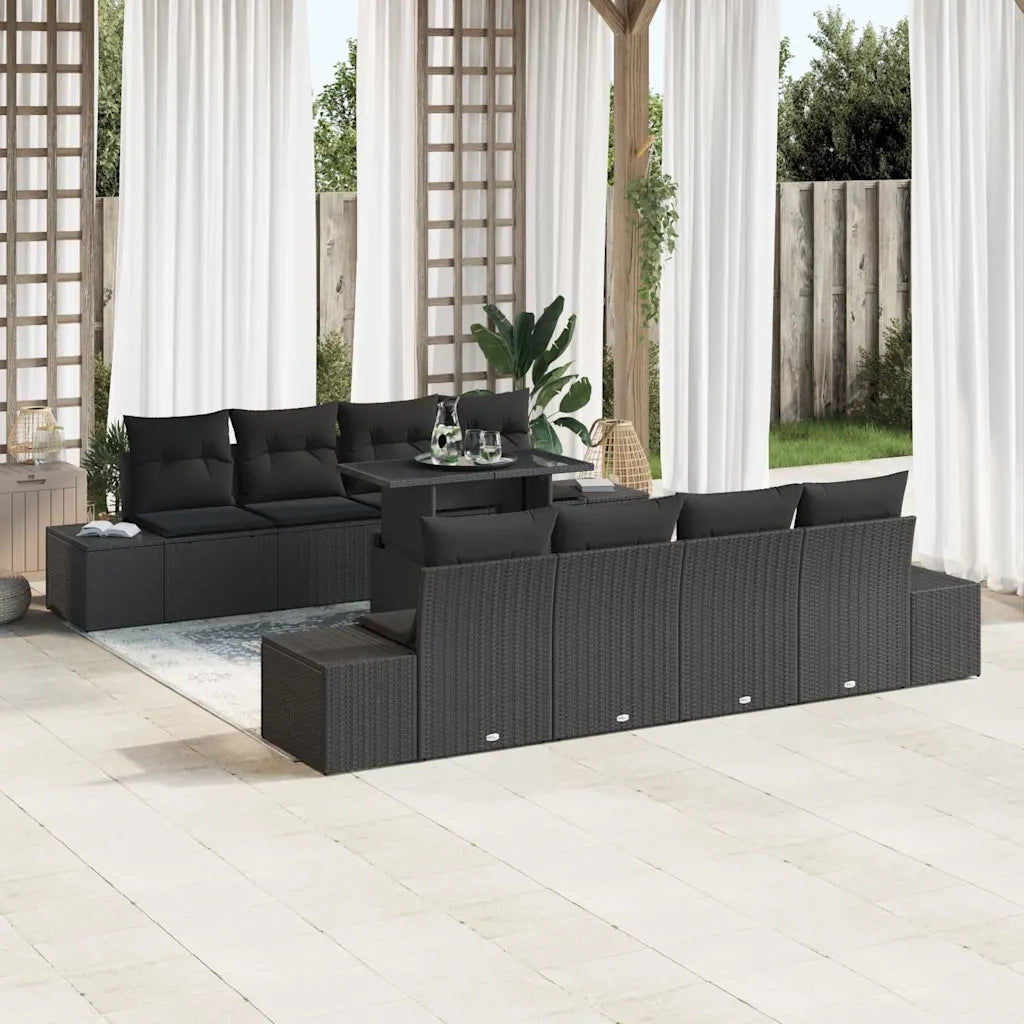 Set Divano da Giardino con cuscino 9 pcs Nero polyrattan
