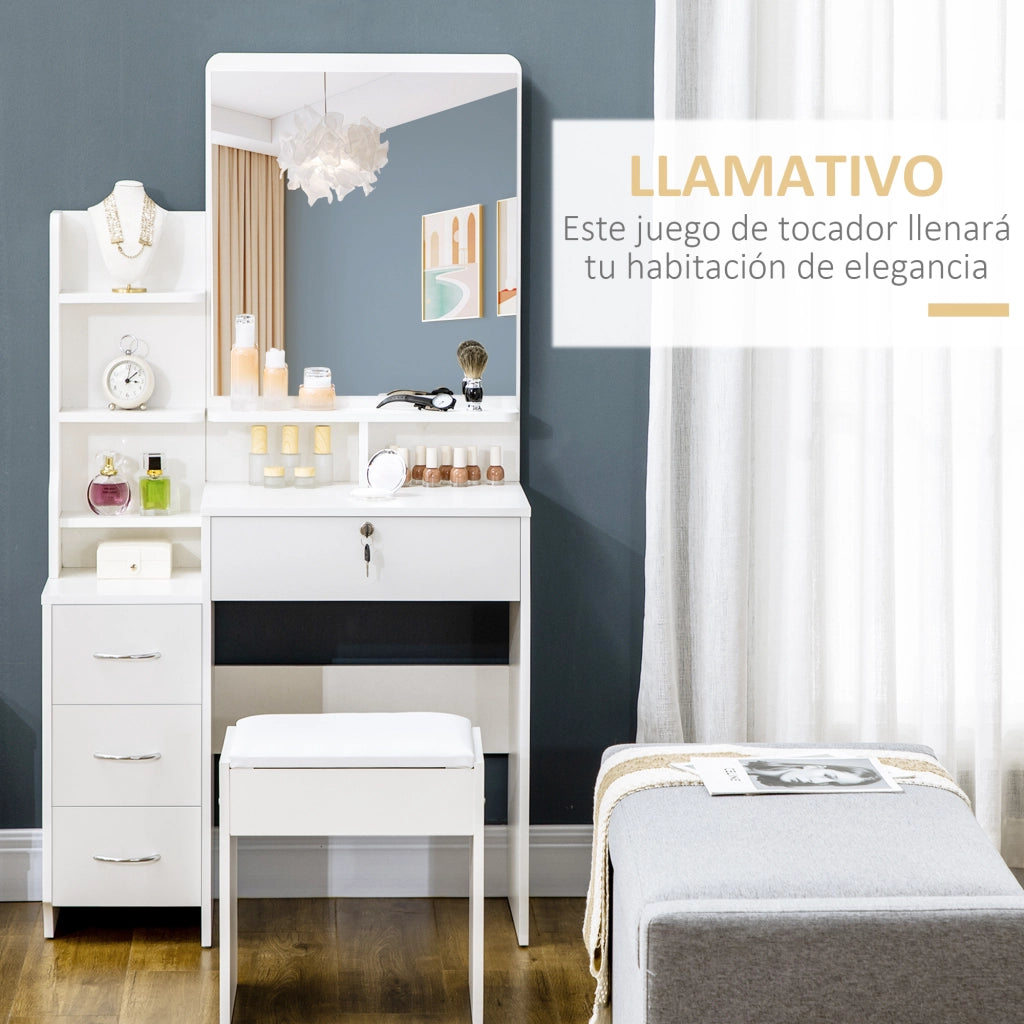 Scrivania trucco con specchio e 4 cassetti ¨C zephmum ¨C 80x38x143 cm bianco