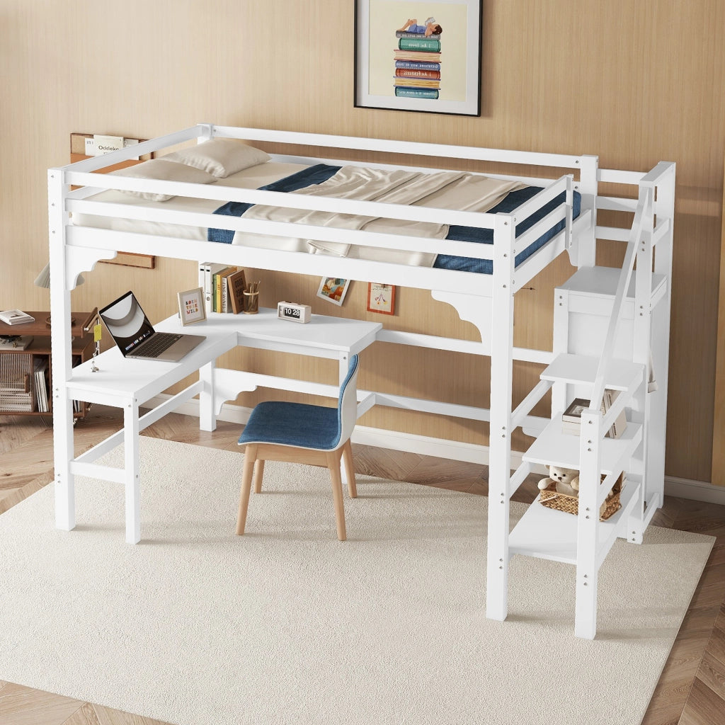 Letto a soppalco matrimoniale 140×200 cm con scrivania a L; armadio aperto e scala contenitore; bianco; senza materasso