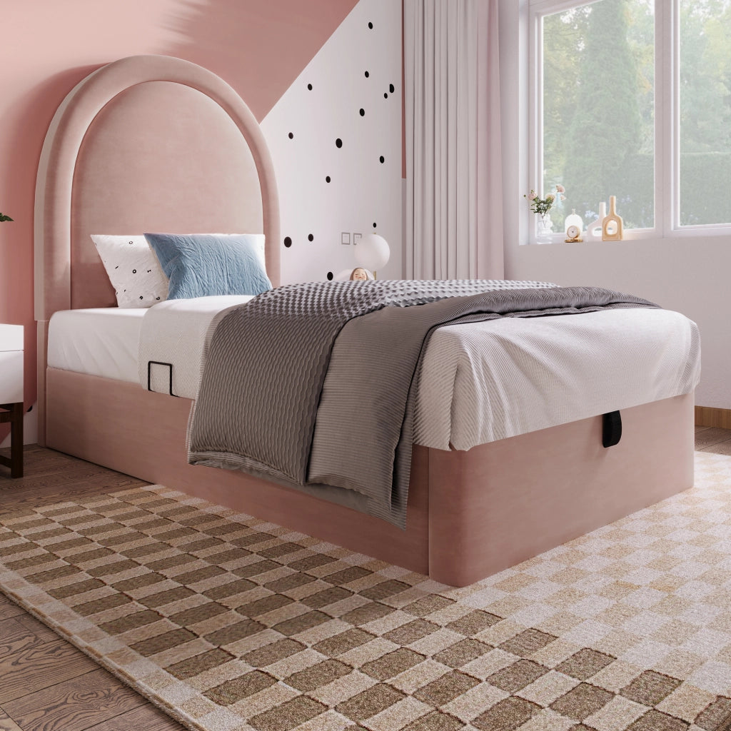 Letto singolo contenitore 90×200 cm con testiera; rete sollevabile; materasso incluso; velluto; rosa