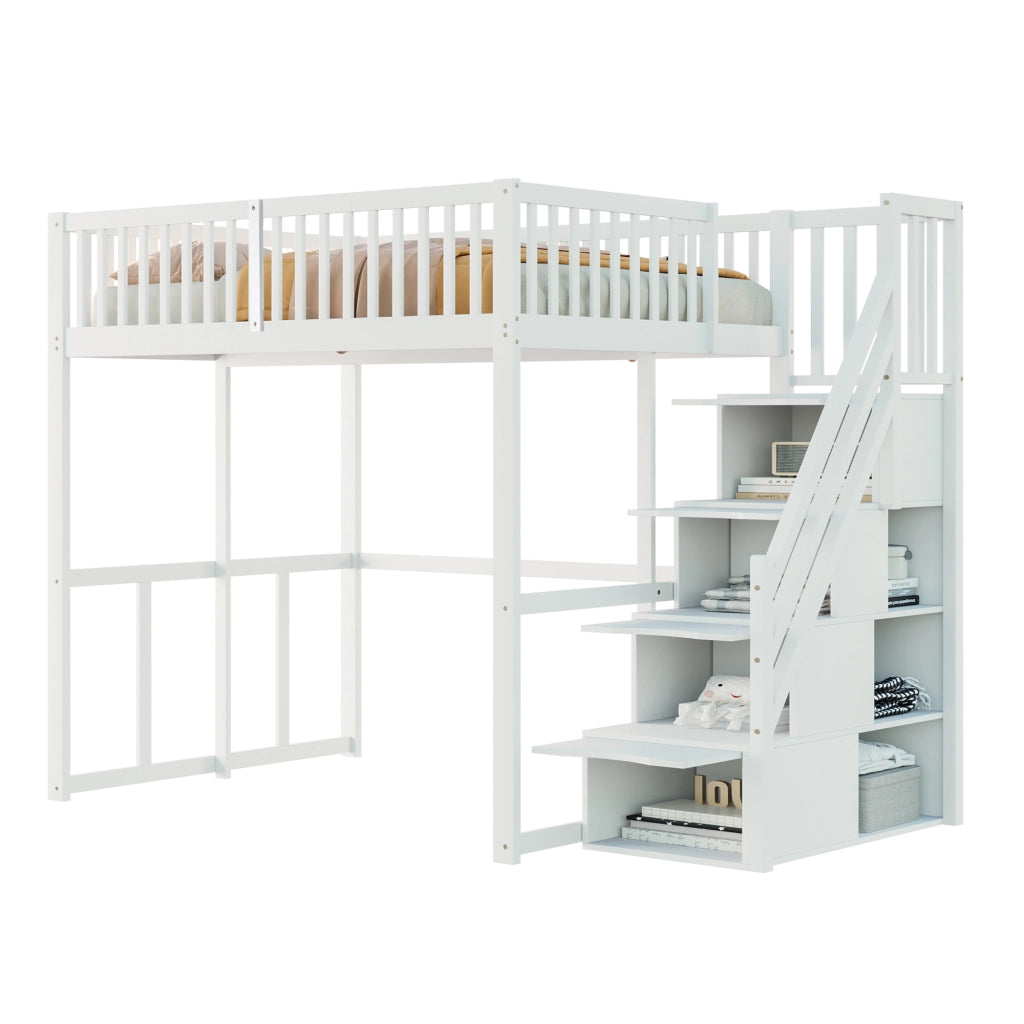 Letto a soppalco in pino massello con scala contenitore di sicurezza e recinzione; bianco; 140x200 cm; senza materasso