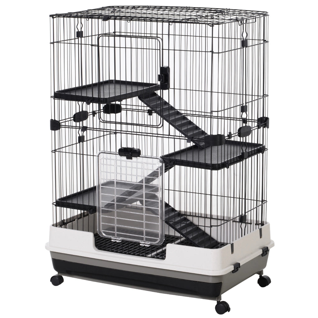 Gabbia a 3 Piani in Metallo con Vassoio per Roditori, Conigli e Furetti con 4 Ruote, 81.2x52.7x114cm, Nera