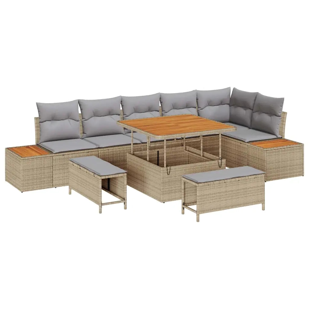 Set Divano da Giardino con cuscino 9 pcs Beige Poly Rattan