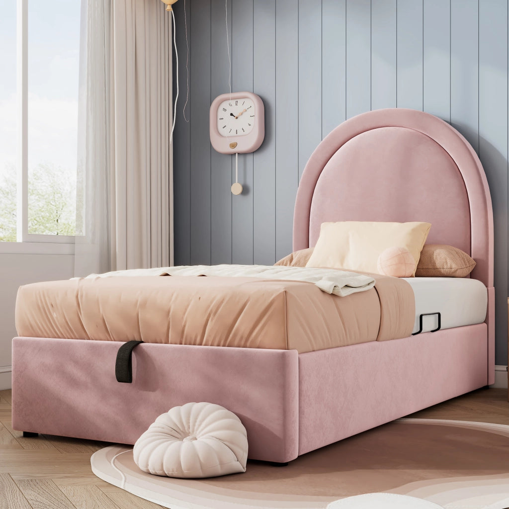 Letto singolo contenitore 90×200 cm con testiera; rete sollevabile; materasso incluso; velluto; rosa