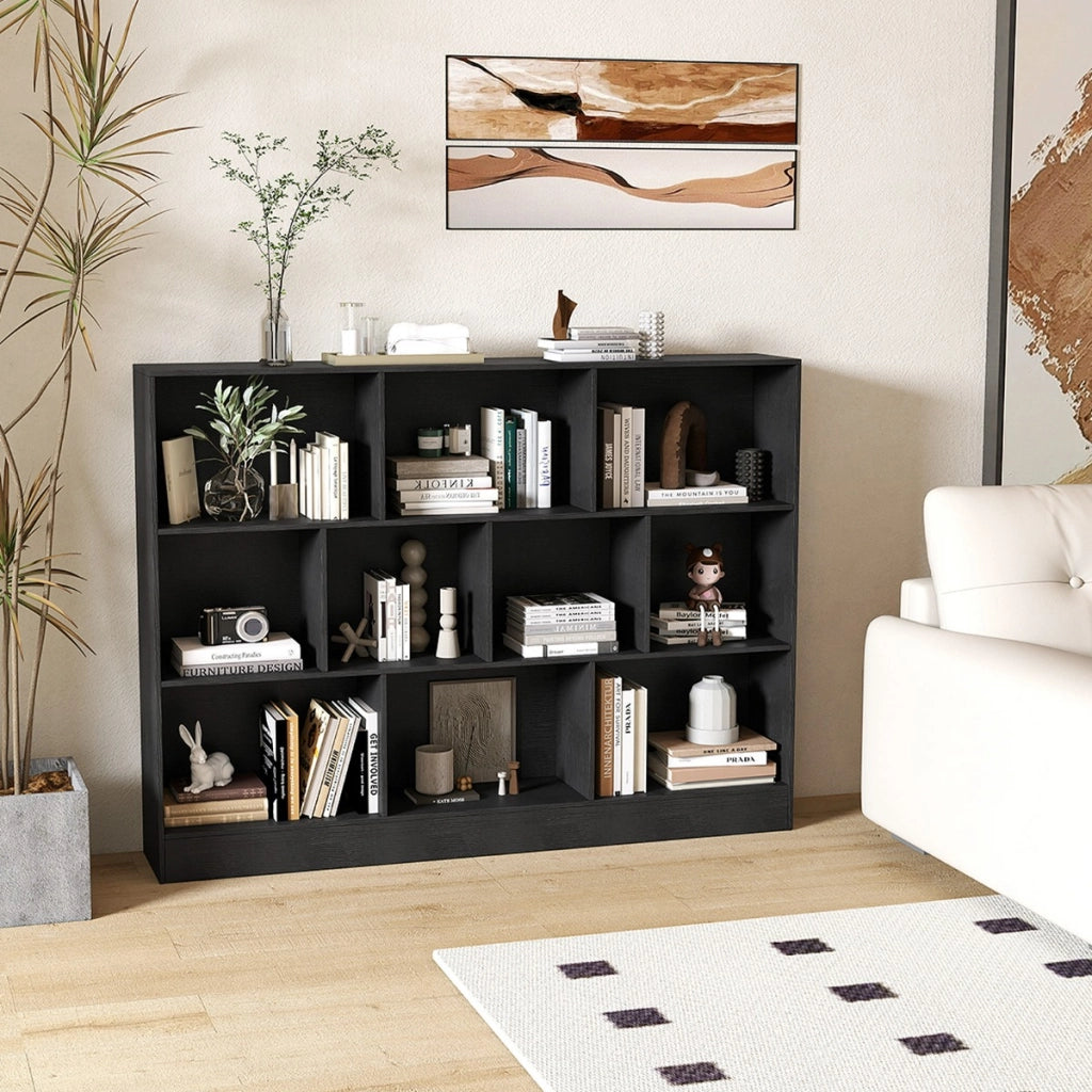 Libreria a 10 cubi con 2 kit anti-ribaltamento, Organizzatore di stoccaggio a 3 ripiani in legno alto 140cm Nero-Librerie