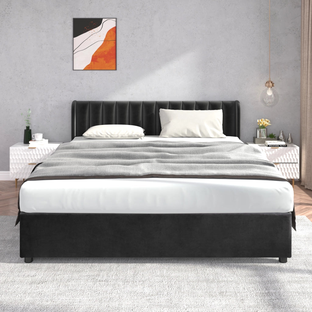 LETTO 180x200 cm in velluto nero con rete a doghe e 2 cassetti