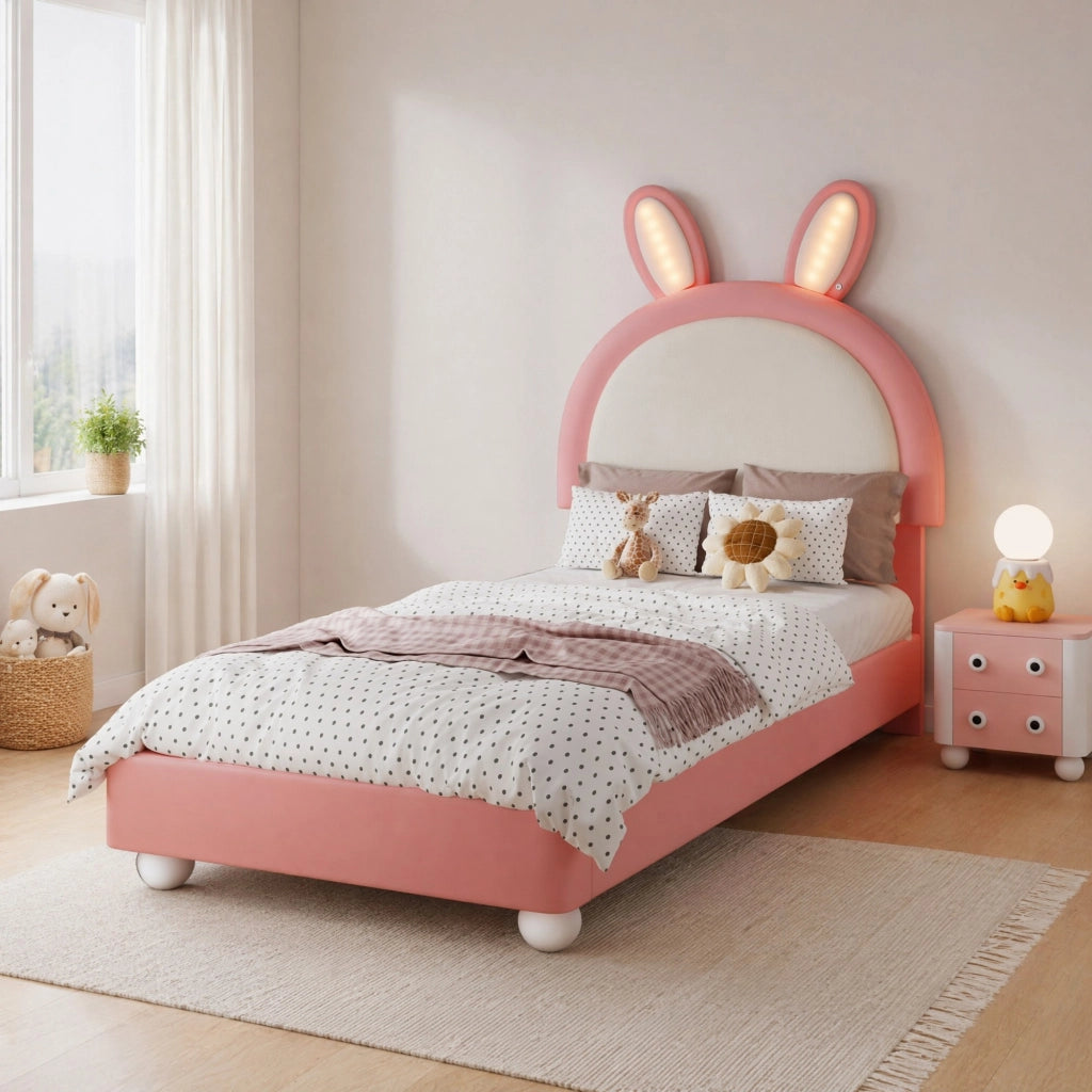 LETTO imbottito 90x200 cm in PU Rosa con testiera a forma di coniglio e LED
