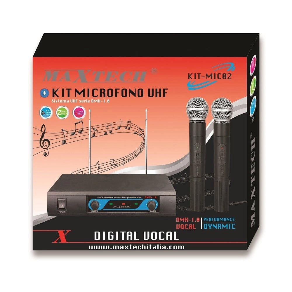 Trade Shop - Kit Microfoni Wireless Ricevitore Uhf Radiomicrofoni 2 Canali Karaoke Maxtech Kit-mic02 -