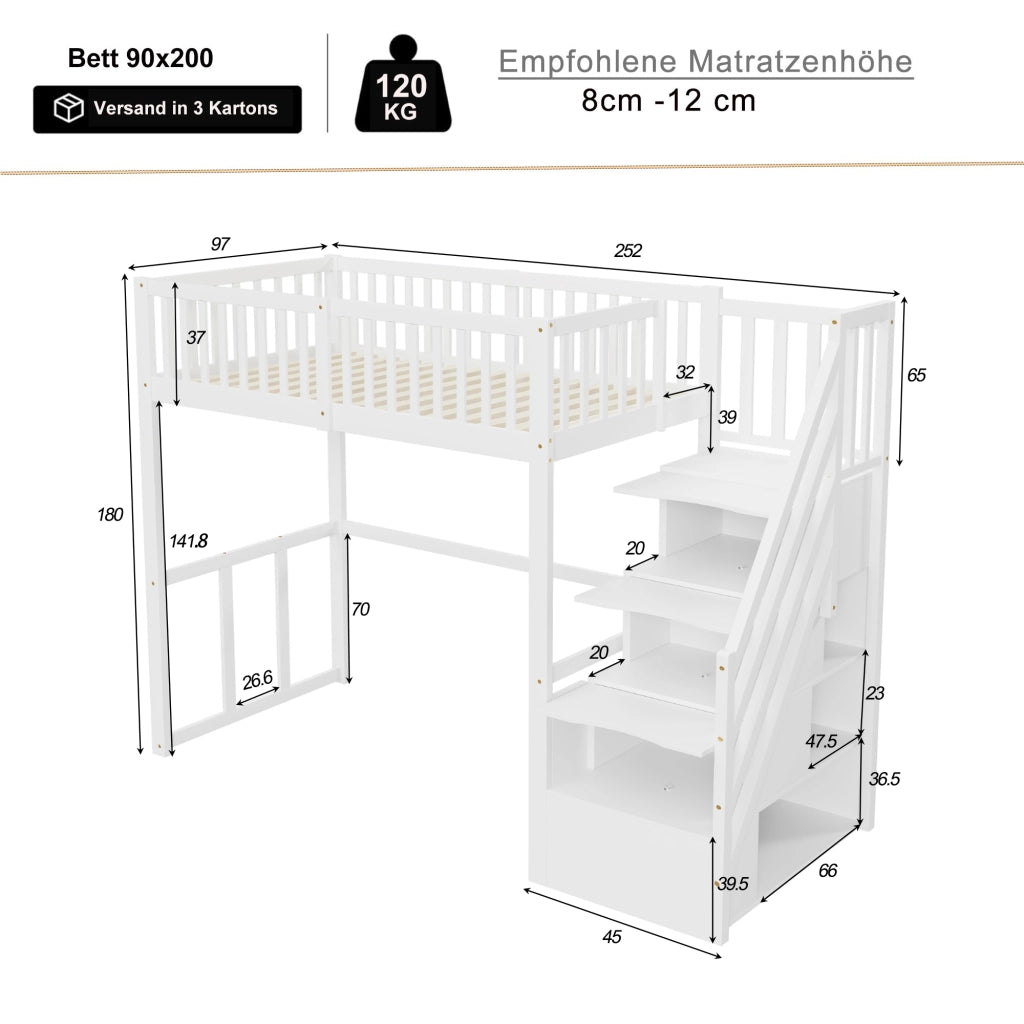 OKWISH Letto a Soppalco Letto Singolo con Scala Contenitore, Tavolo, 90×200 cm, senza Materasso, in Legno, Bianco
