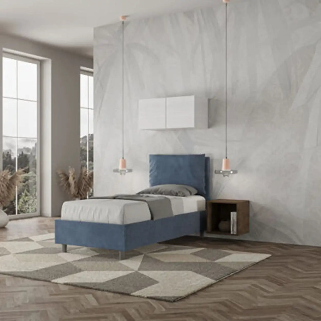 Letto singolo con rete imbottito 80x210 microfibra blu Antea