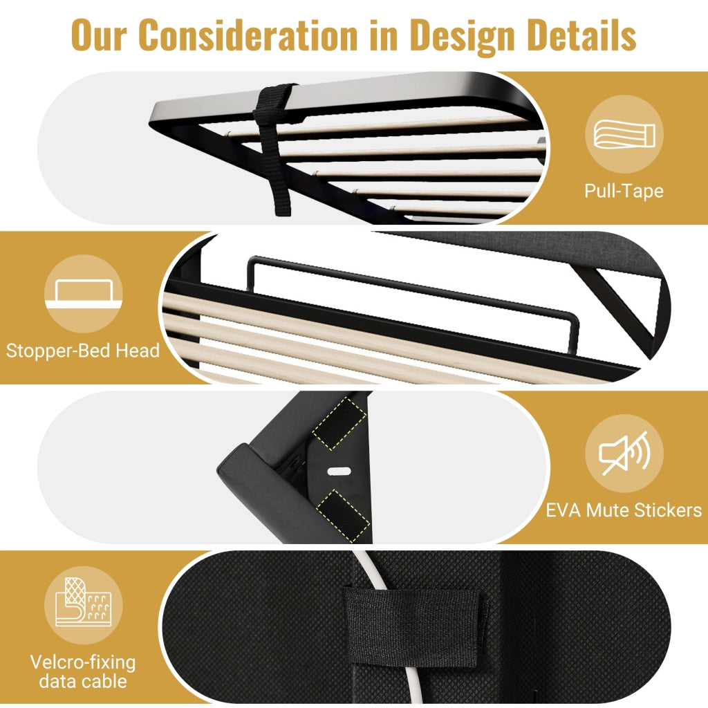 Letto singolo contenitore 90x200 cm con LED 360°; USB; USB-C; sollevamento idraulico e testiera portaoggetti; lino grigio