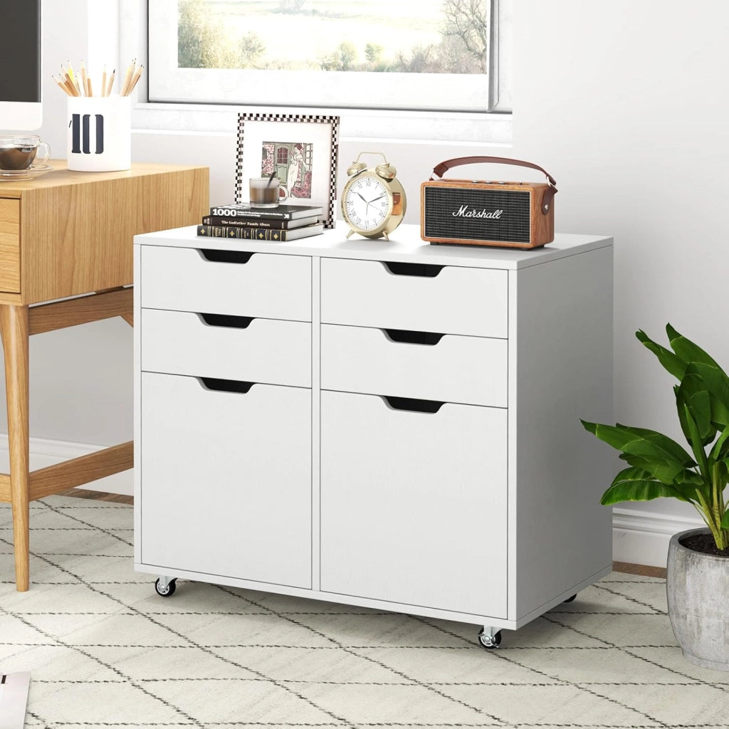Cassettiera da Ufficio con 4 Cassetti e 2 Ante, Armadietto da Studio in Legno con 5 Ruote Universali, Mobile Porta Stampante Salvaspazio, per Soggiorno, 73 x 40 x 64,5 cm, Bianco