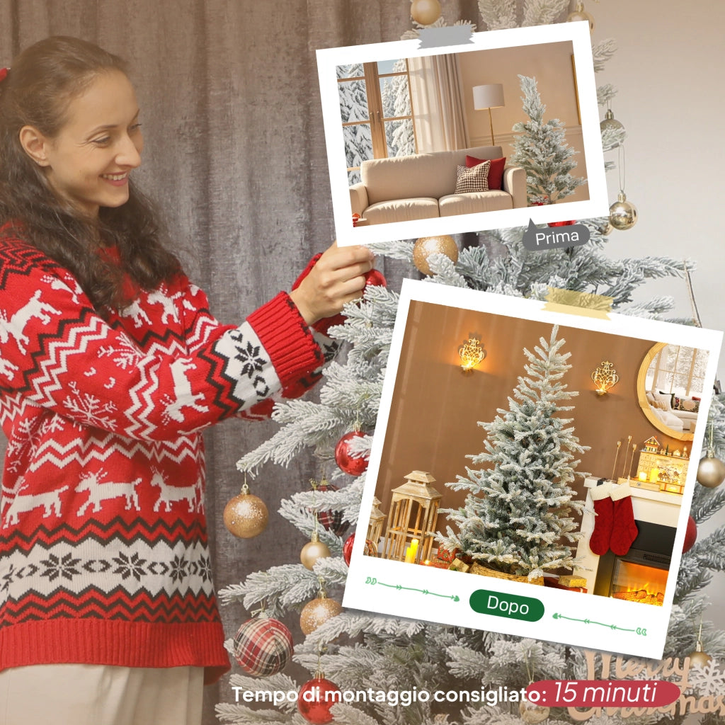 Albero di Natale Innevato Alto 180 cm con 1207 Rami Realistici e Base in Metallo Pieghevole Verde e Bianco