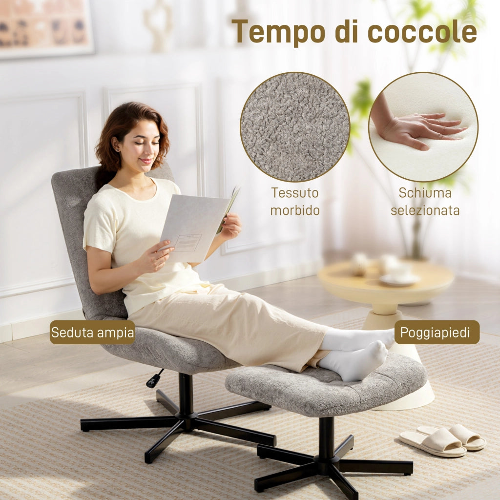 Poltrona Relax Reclinabile 4 Livelli ¨C Xylo ¨C Tessuto Effetto Velluto Grigio con Poggiapiedi, 66x80x93-104 cm