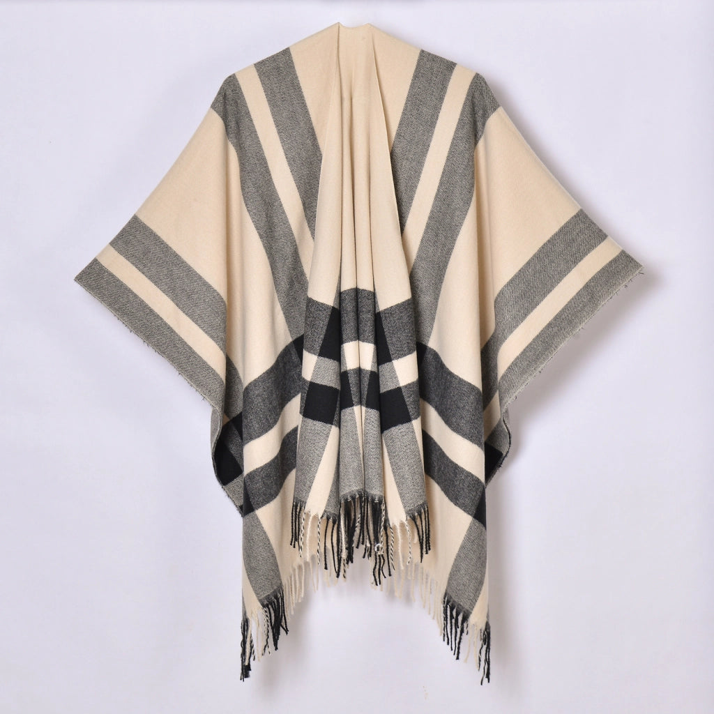Nuovo scialle a quadri, cardigan/mantella da donna classico in jacquard con spacco e nappine, lavorato a maglia.