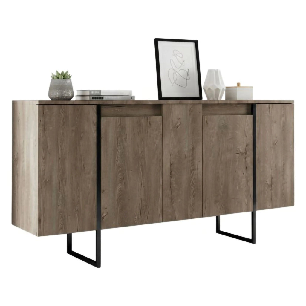 Credenza Arta, Buffet da soggiorno, Madia da salotto, Dispensa da cucina, 160x35h80 cm, Noce e Nero