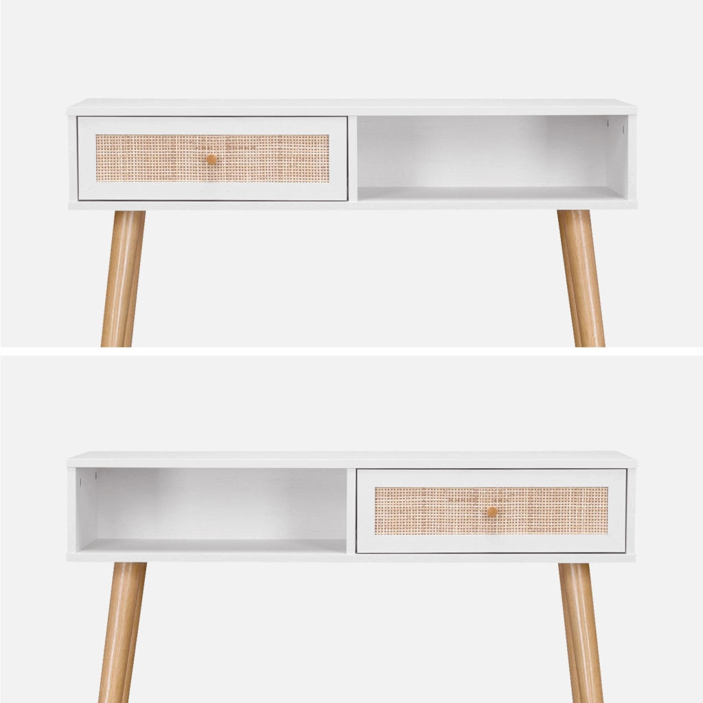 Consolle scandinava con effetto legno e canna, 100cm, bianco sporco