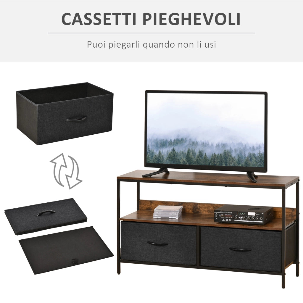 Mobile TV, Mobile Porta TV Fino a 47" con 2 Cassetti Pieghevoli in Tessuto e Mensola, Mobiletto per Televisore per Soggiorno, Camera da Letto e Salotto, 98x29x56 cm, Marrone Rustico