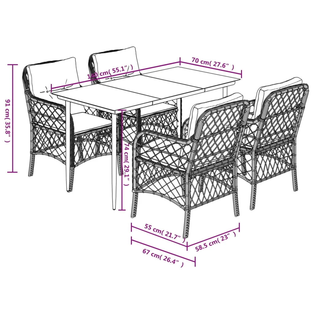 Set da Pranzo da Giardino 5 pz con Cuscini Beige in Polyrattan