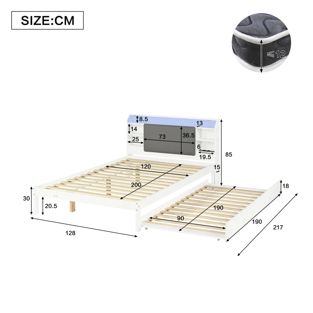 DESMIU Lit simple 120 × 200 cm con letto estraibile 90 × 190 cm, LED, ripiano e ricarica, senza materasso, bianco