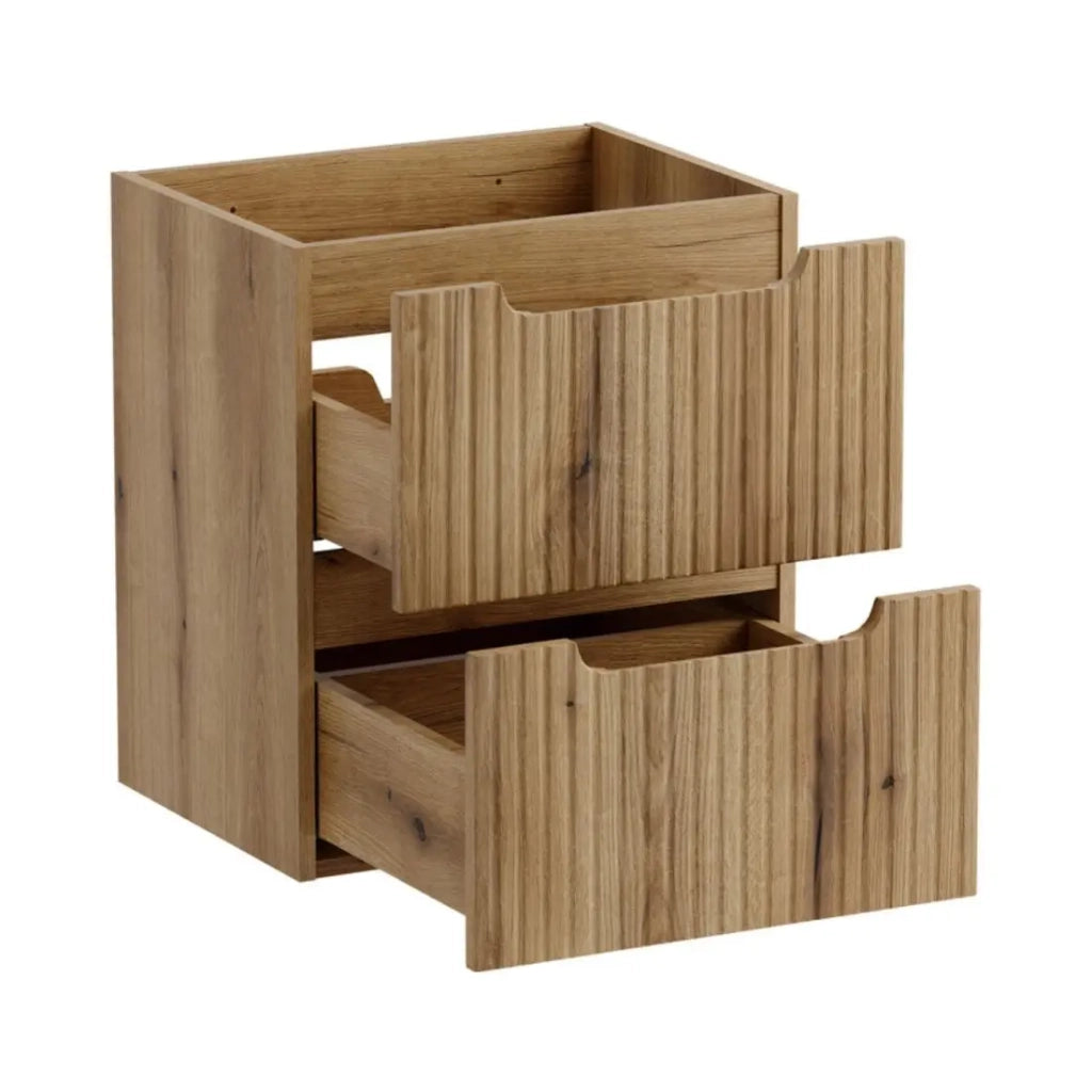 Insieme VANO rovere chiaro 80cm: mobile sotto lavabo con cassetti + piano per lavabo + lavabo rettangolare da appoggio + colonna