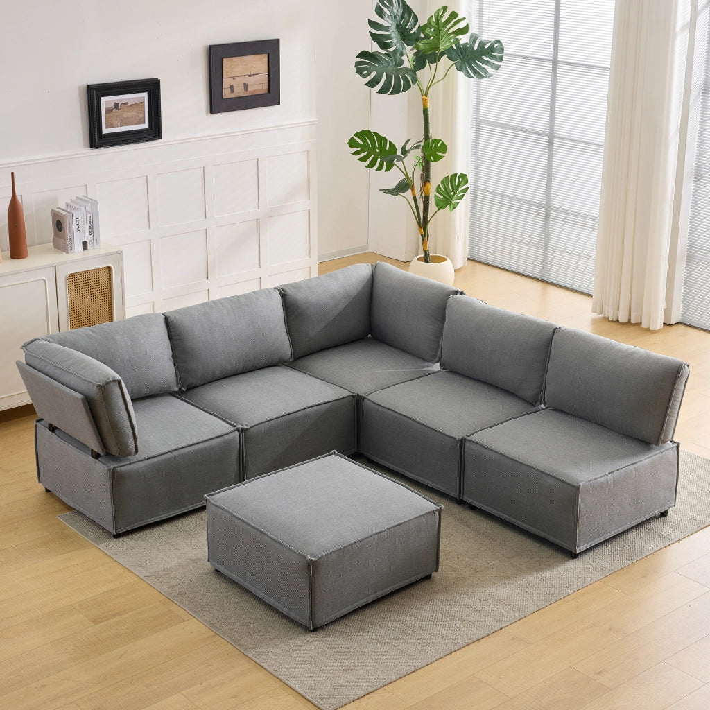 Divano Modulare 5 Posti con Legno ¨C MINIMAL ¨C Tessuto Grigio Chiaro