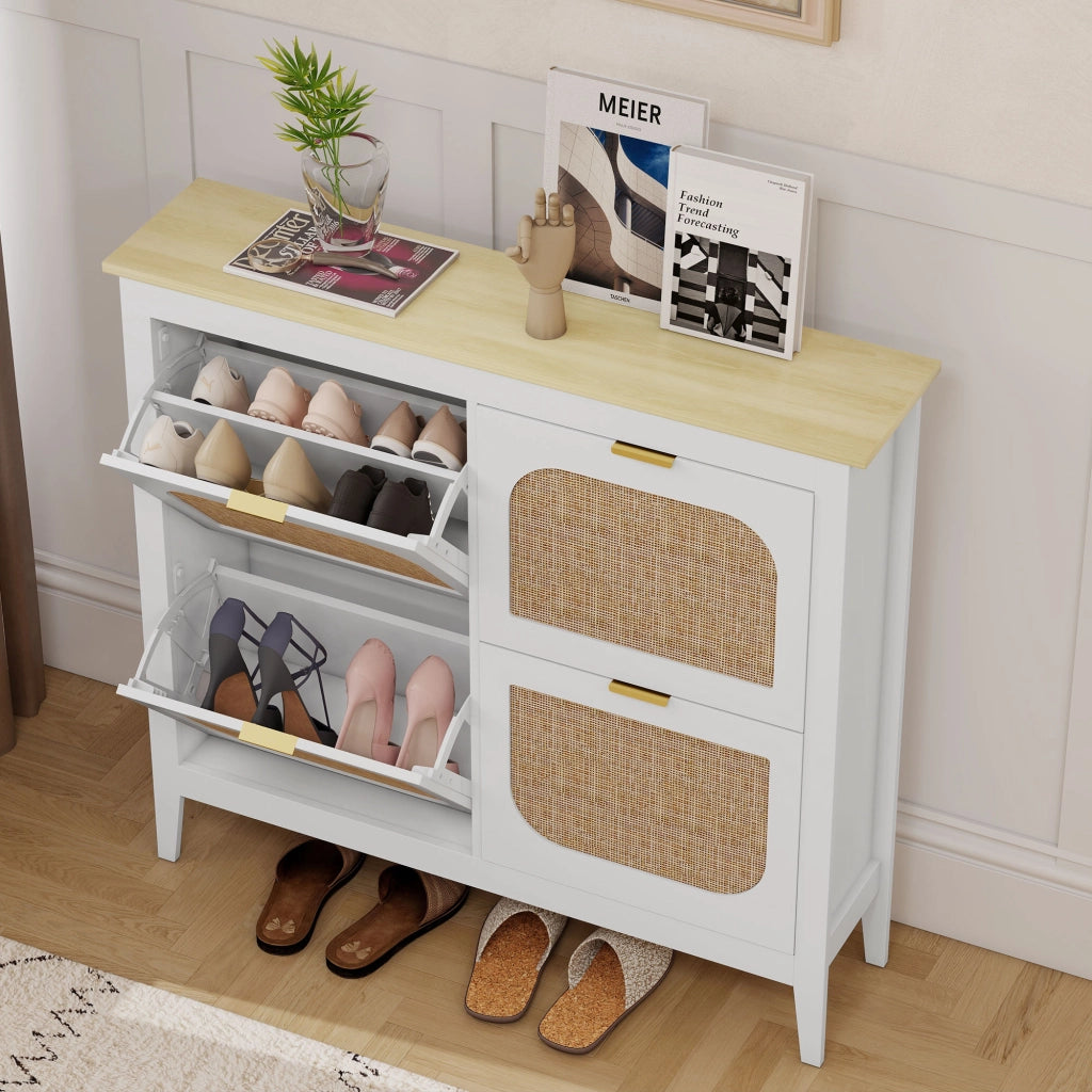 Scarpiera con 4 cassetti e ante effetto rattan ¨C Zephmum ¨C Bianco 105x24x95.5 cm