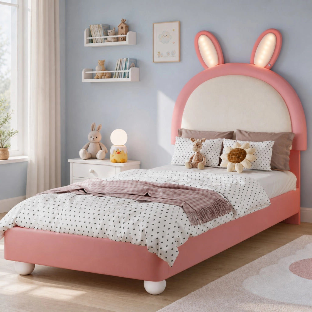 LETTO imbottito 90x200 cm in PU Rosa con testiera a forma di coniglio e LED