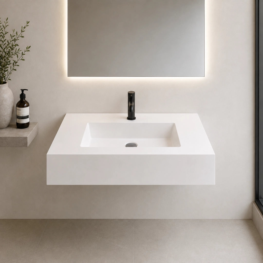 Top lavabo sospeso serie dustin in mineral marmo bianco antracite finitura liscia *** misure 90x46x15 cm, tinta bianc...