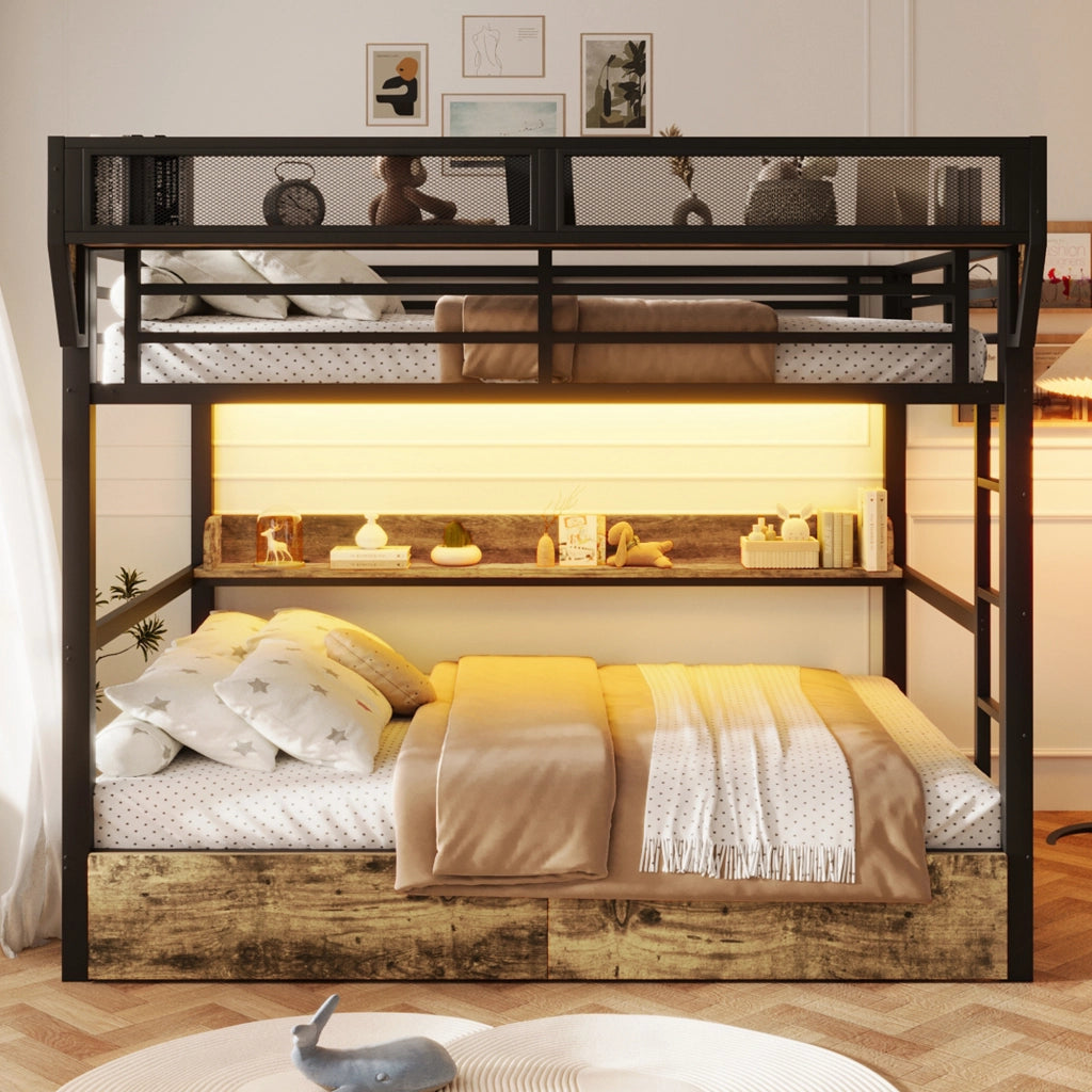 LETTO A CASTELLO 140x200 cm Metallo e MDF Nero con LED e 2 cassetti