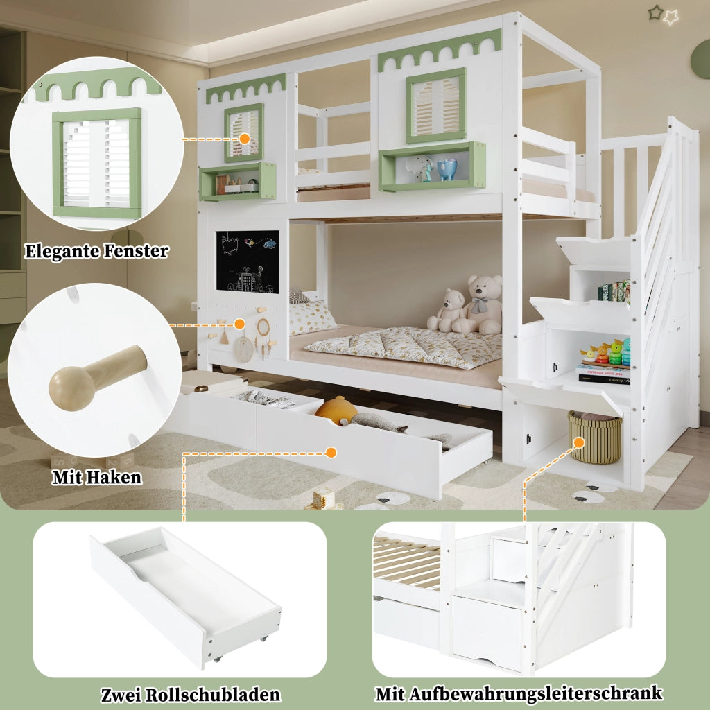 DESMIU Letto a castello bambino 90 × 200 cm con scala contenitore, 2 cassetti, senza materasso, in legno, bianco e verde