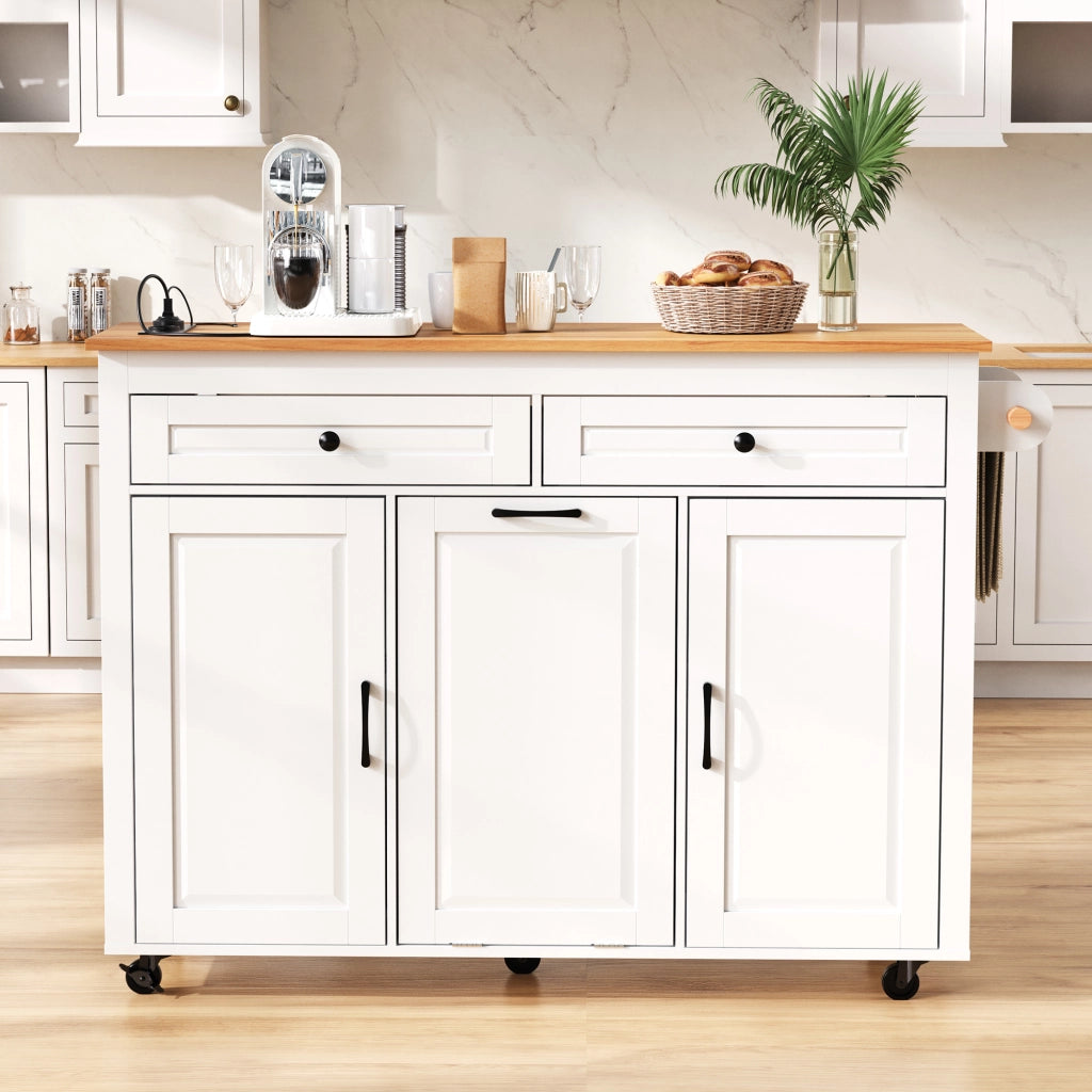 Desserte da cucina mobile con piano estraibile; vano aperto e scomparto per rifiuti per cucina; bianco; 120 × 40-75 × 92 cm