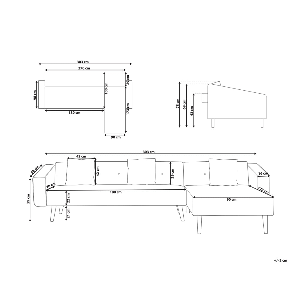 Divano letto ad angolo con 3 cuscini Rivestimento in velluto grigio Gambe in legno chiaro Chaise longue reclinabile sinistra a 4 posti
