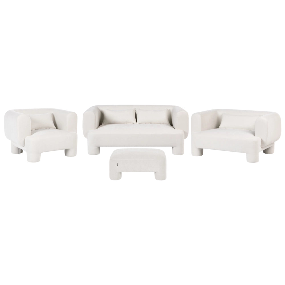 Set da salotto Divano a 3 posti in tessuto bianco morbido e sinuoso Poltrona Loveseat Pouf Stile retrò minimalista