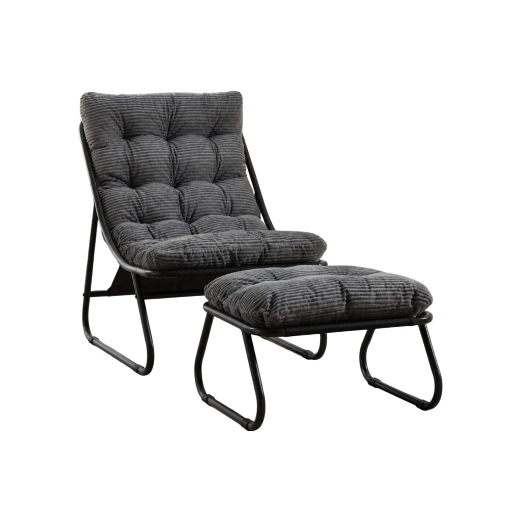 Sedia lounge da esterno con ottomano, telaio nero e cuscino grigio