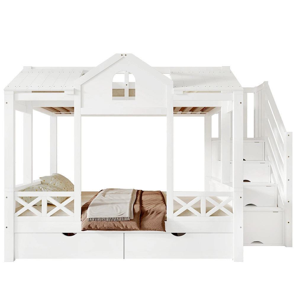 Letto a castello-Xylo-90/140x200cm 2 cassetti armadio 4 scomparti pino+MDF